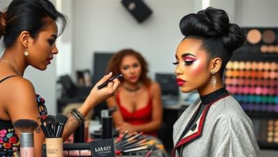 A vibrant and dynamic makeup workshop setup with a professional MUA showcasing a bold makeup look on a model, surrounded by a variety of makeup products, brushes, and colorful swatches, evoking creativity and learning.