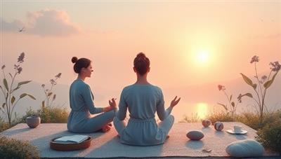 A serene digital artwork depicting a virtual mental wellness coaching session with a coach guiding a user through mindfulness exercises and relaxation techniques, surrounded by calming nature elements and soothing colors, evoking a sense of peace and tranquility.