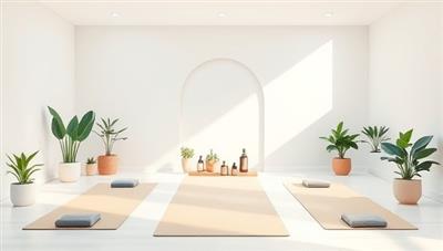 An aesthetic digital illustration of a serene virtual retreat space with calming colors, yoga mats, plants, and essential oils, creating a tranquil and inviting atmosphere for relaxation and mindfulness.