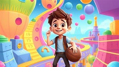 An animated character guiding a student through a math quest in a colorful, virtual world filled with math puzzles and challenges, sparking curiosity and excitement for learning math through gamification.