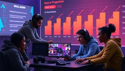 An engaging graphic depicting a virtual gaming mentor guiding a group of diverse gamers through a strategic gameplay session, with a digital skill progression chart in the background, symbolizing growth and development within the mentorship network.