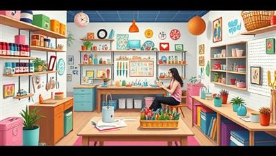 An artistic representation of a virtual crafting studio filled with colorful supplies, tools, and finished craft projects, with participants engaged in various DIY activities and exchanging ideas in a vibrant and creative online environment, capturing the essence of Craftopia Creations' craft workshops.