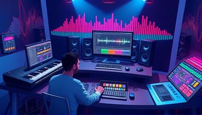 An artistic rendering of a digital music studio setup with a user creating music on a computer, surrounded by virtual instruments, mixing boards, and colorful sound waves, illustrating a dynamic and creative music production environment.