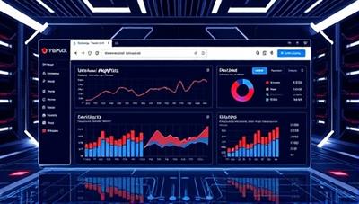 A futuristic digital interface displaying a web dashboard with advanced analytics graphs and user segmentation data, symbolizing the power of AI in targeted advertising.