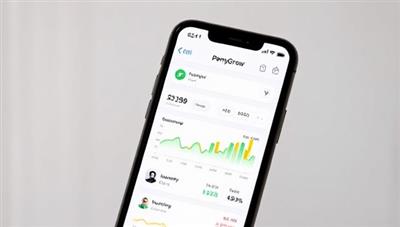 A smartphone displaying the PennyGrow app interface, with colorful graphs showing investment performance, a simplified user dashboard, and a playful penny icon representing accessible and easy investing.