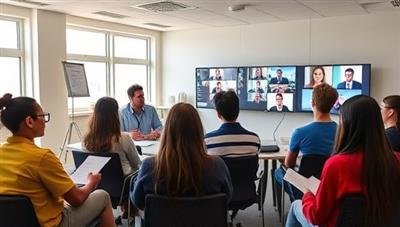 A virtual career exploration workshop scene with students interacting with industry experts via video conferencing, engaging in group discussions and taking notes, showcasing a dynamic learning environment and career-focused atmosphere.