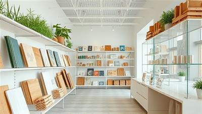 A bright and modern store interior featuring shelves stocked with various eco-friendly construction materials such as bamboo flooring, recycled glass countertops, and non-toxic paint, conveying a sense of sustainability and innovation.