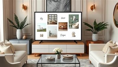 An elegant virtual consultation setup with a designer showcasing mood boards and decor samples on a digital screen, surrounded by stylish home decor elements, creating a sophisticated and inviting ambiance.