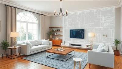 A virtual home renovation scene with a digital blueprint overlay on a living room, showing potential design changes and furniture placement, highlighting the transformation possibilities through virtual design consultations.
