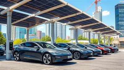 An urban landscape with a row of sleek electric vehicles parked at charging stations under a canopy of solar panels, illustrating a sustainable and tech-savvy approach to electric vehicle charging.