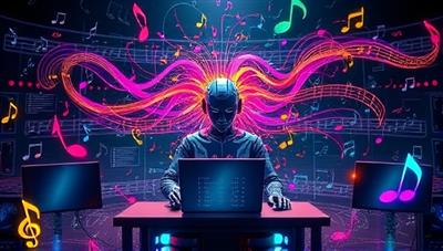 An artistic visual of a digital AI composer surrounded by musical notes and instruments, composing music tracks on a futuristic interface, with colorful melodies flowing out of the screen, symbolizing the creative and innovative music composition process facilitated by the MelodyCraft AI platform.