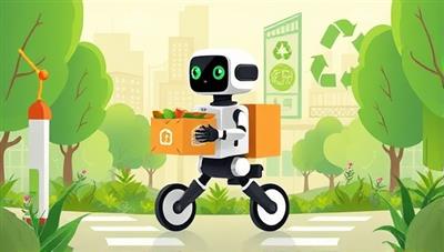 An illustration of a delivery robot transporting a biodegradable food package through a lush urban landscape, with green energy symbols and recycling icons in the background, showcasing the eco-friendly approach and innovative technology behind EcoEats' sustainable food delivery service.