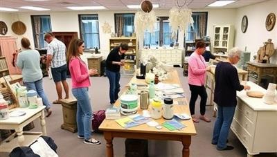 A workshop space filled with DIY tools, paint samples, furniture pieces, and home decor accessories, along with participants engaged in various home improvement projects, capturing the essence of creativity and personalization at Crafty Casa Creations.