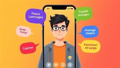 An engaging app interface showing a user interacting with AI tutors in multiple languages, with colorful language bubbles representing different learning modules and progress trackers, creating a dynamic and immersive language learning experience.