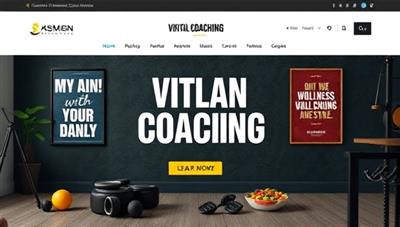 A modern and masculine-themed virtual coaching setup with sleek design elements, fitness equipment, motivational quotes, and images of healthy meals, creating a motivating and empowering atmosphere for men seeking wellness coaching and self-improvement.