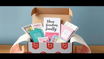 An enticing visual of a beautifully designed subscription box filled with financial tools, motivational quotes, and self-care items, creating a sense of excitement and empowerment around financial wellness.