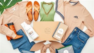 An aesthetically pleasing flat lay of sustainable fashion items included in the EcoChic Box, showcasing eco-friendly clothing, accessories, and beauty products arranged in a stylish and environmentally conscious composition, reflecting the sustainable fashion offerings of the subscription service.
