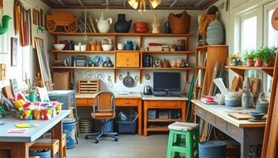 A cozy workshop space filled with colorful recycled materials, tools, and finished upcycled projects, exuding a warm and inviting atmosphere that inspires creativity and sustainability.