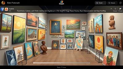 A digital art gallery environment displaying a diverse range of creative works, including paintings, digital illustrations, sculptures, and graphic designs, with artists and clients interacting virtually to discuss project details and inspirations, fostering a vibrant artistic community.