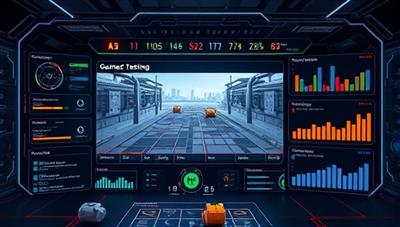 An advanced AI testing interface displaying a virtual game environment with automated testing processes, bug detection algorithms, and real-time analytics, showcasing the seamless integration of AI technology in game quality assurance and optimization.