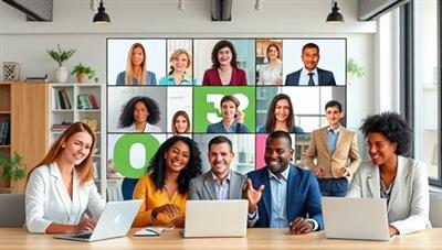 An inclusive and welcoming virtual workspace featuring a diverse group of professionals collaborating in an online environment, symbolizing unity and diversity in the workplace, with a focus on equitable and inclusive recruitment practices.