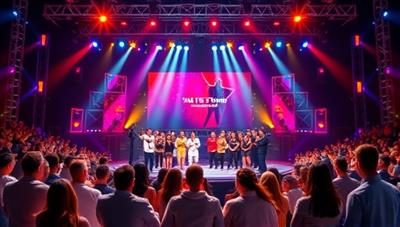 An animated digital stage with dazzling lights and a virtual audience cheering, as contestants from various backgrounds showcase their talents, conveying a vibrant and inclusive talent show atmosphere.