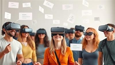 A diverse group of virtual reality avatars engaging in a language learning simulation, with interactive language exercises floating around them, showcasing a fun and innovative approach to learning.
