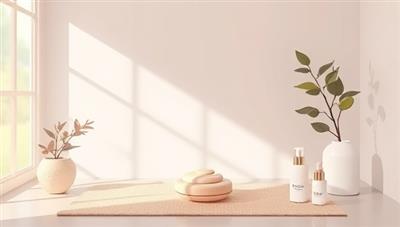 A serene digital illustration showcasing a tranquil meditation space with soft lighting, natural elements, and beauty products arranged in a calming arrangement, inviting viewers to experience a harmonious blend of mindfulness and self-care through the ZenGlow app.