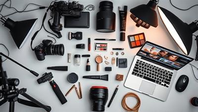 An artistic flat lay displaying a virtual beauty photography workshop setup with professional camera gear, lighting equipment, beauty products, and a laptop showcasing photo editing software, creating an inspiring and creative atmosphere for beauty photography enthusiasts.