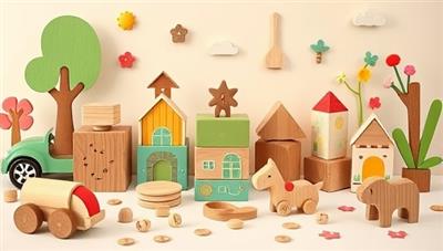 A charming image showcasing a whimsical collection of handcrafted wooden toys like cars, blocks, puzzles, and animals, arranged in a playful and colorful display that captures the essence of childhood joy, creativity, and eco-friendly playtime, set against a backdrop of nature-inspired elements like trees and flowers.