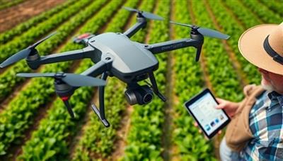 An aerial view captured by a drone showing vibrant farmland with rows of crops, sensors attached to the drone collecting data, and a farmer reviewing crop analytics on a tablet, highlighting the integration of technology in agriculture.