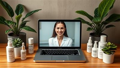 A sleek and modern virtual skincare consultation setup with a laptop showing a video call with a skincare expert, surrounded by various skincare products, plants, and a cozy ambiance, conveying professionalism and personalized service.