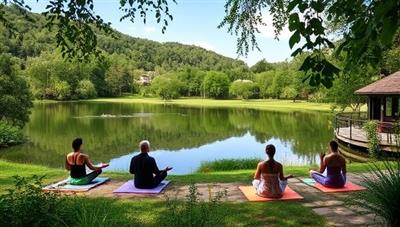 A picturesque wellness retreat center surrounded by lush greenery, yoga practitioners meditating by a tranquil lake, spa treatments being offered in a serene setting, and participants engaging in wellness workshops, embodying the peaceful and rejuvenating ambiance of Serenity Haven.