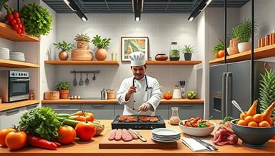 An artistic digital illustration of a virtual kitchen studio filled with fresh ingredients, cooking utensils, and a chef guiding participants through a culinary masterclass, capturing the essence of culinary creativity and gastronomic delight in a virtual setting.