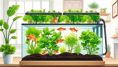 An artistic illustration of a modern aquaponics setup in a home environment, featuring lush green plants growing alongside swimming fish in a beautifully designed tank and grow bed system, illustrating the harmony and efficiency of aquaponics farming promoted by Aquafarm Provisions.