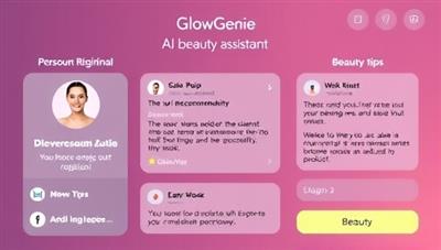 An interactive AI beauty assistant interface displaying personalized skincare regimen suggestions, makeup product recommendations, and beauty tips, showcasing the user-friendly and personalized nature of the GlowGenie app.