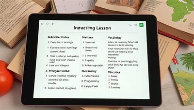 An engaging language lesson displayed on a tablet screen, featuring interactive exercises, vocabulary challenges, and pronunciation guides, surrounded by language textbooks and cultural symbols, creating an immersive language learning experience with AI technology.
