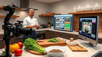A virtual kitchen setting with a professional chef demonstrating a cooking technique on camera, surrounded by fresh ingredients, cooking utensils, and a computer screen displaying interactive cooking instructions, creating an immersive and educational experience for subscribers of Chef's Corner Online.