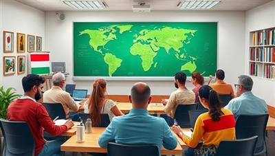 An artistic depiction of a virtual language classroom environment with diverse avatars representing users from different countries engaged in language exercises and cultural exchanges, showcasing a vibrant and inclusive learning community.
