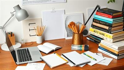 An artistic workspace with a laptop, notebooks, and creative writing materials scattered around, accompanied by a cozy reading nook and a stack of bestselling novels, creating an inspirational environment for aspiring writers.