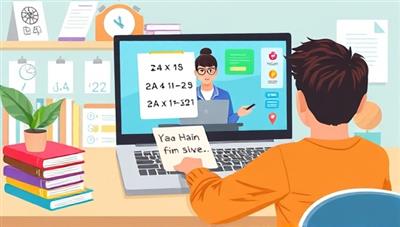 A dynamic digital illustration of a virtual tutoring session, featuring a student engaged in a math problem-solving session with a tutor on a laptop screen, with educational resources and study materials displayed in the background, creating an interactive and engaging virtual learning environment for students seeking academic support.