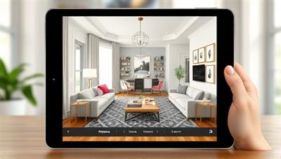 An elegant virtual room design presentation on a tablet screen, showcasing a beautifully transformed living space with modern furnishings and vibrant colors, inspiring clients to envision their own spaces.