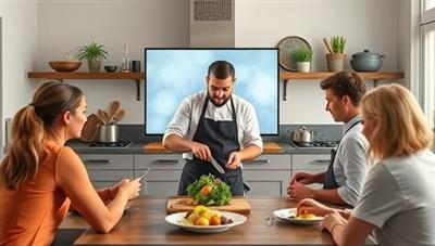 An immersive virtual cooking class setup with a chef demonstrating a culinary technique while participants follow along from their own kitchens, showcasing the interactive and educational experience of ChefConnect's online culinary masterclasses.