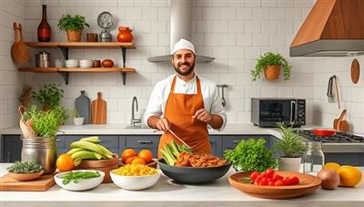 An enticing virtual cooking class setup with a well-equipped kitchen, fresh ingredients from different countries, and a chef demonstrating cooking techniques on a live stream, creating an immersive and educational culinary experience for participants.