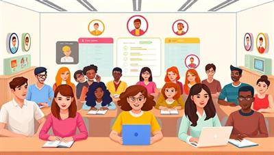 A digital illustration of diverse avatars in a virtual study room, interacting with game-like elements such as leaderboards, badges, and progress bars, creating a vibrant and immersive study environment that motivates users to learn and collaborate.