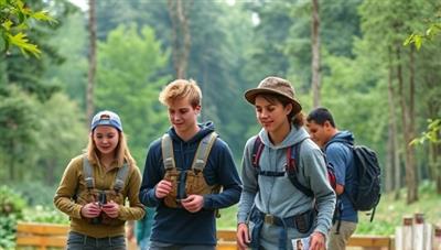A group of teenagers in outdoor gear participating in team-building activities in a lush forest setting, showcasing teamwork, adventure, and outdoor learning experiences.
