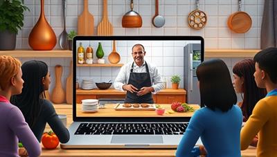 A vibrant virtual kitchen setting with a chef conducting a live cooking class on a laptop screen, surrounded by ingredients, utensils, and a diverse group of digital avatars actively following the instructions, evoking a sense of community and learning.