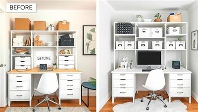 An organized and stylish home office setup transformed by SpaceRevive's virtual home organization consultations, featuring decluttered shelves, labeled storage bins, and a functional workspace, illustrating the impact of professional organization expertise on creating a productive and aesthetically pleasing environment.