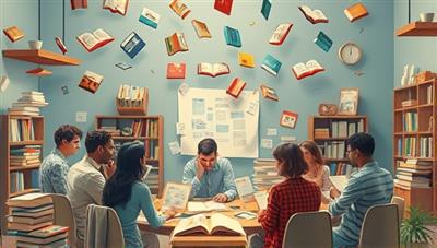 An imaginative scene of a virtual writing workshop with diverse participants brainstorming ideas, surrounded by floating books and creative elements, capturing the essence of collaborative storytelling and inspiration.