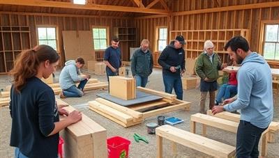 A workshop setting with participants engaged in sustainable construction activities, using eco-friendly materials and tools to build tiny home components, highlighting the hands-on learning and collaborative environment of the workshops.